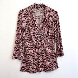 ALFANI Plus Size Navy Blue Cream Red Geometric Hexagon 3/4 Sleeve Work Blouse 1X